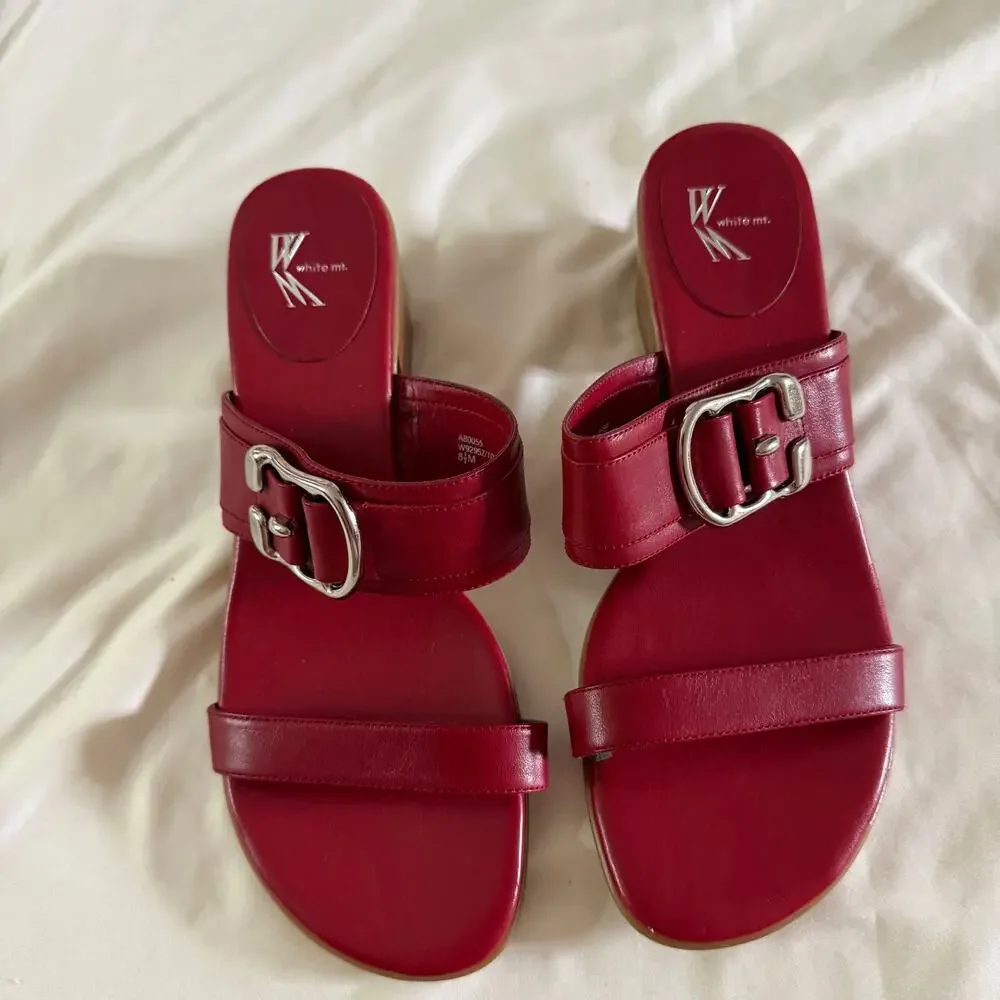Y2K 2000s Red Leather Block Heel Buckle Sandals 8.5 Grunge Punk